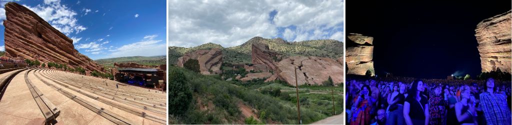 Red Rocks Amphitheater during the day and at night during a concert.